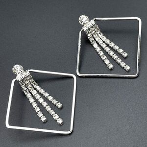 Silver Rhombus with White Diamond Crystal Dangling Tassel Post Back Earrings